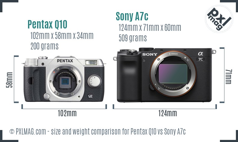 Pentax Q10 vs Sony A7c size comparison