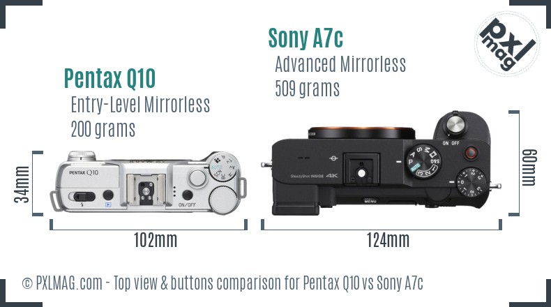 Pentax Q10 vs Sony A7c top view buttons comparison