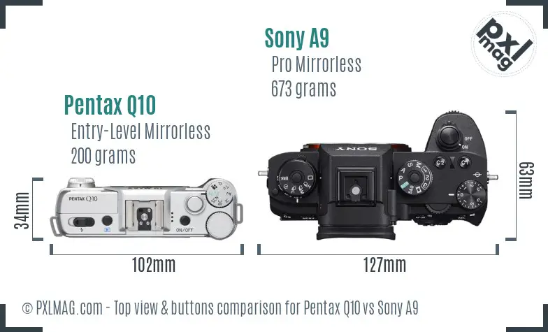 Pentax Q10 vs Sony A9 top view buttons comparison