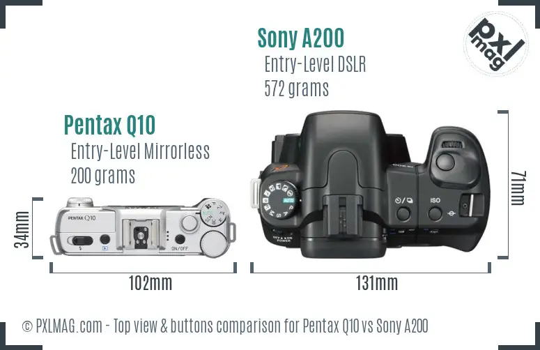 Pentax Q10 vs Sony A200 top view buttons comparison