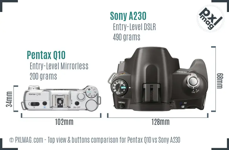 Pentax Q10 vs Sony A230 top view buttons comparison