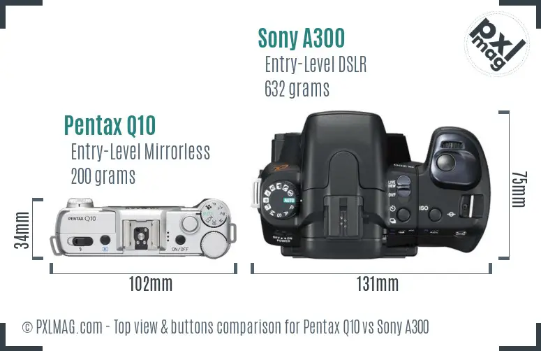 Pentax Q10 vs Sony A300 top view buttons comparison Pentax Q10 vs Sony A300 top view buttons comparison