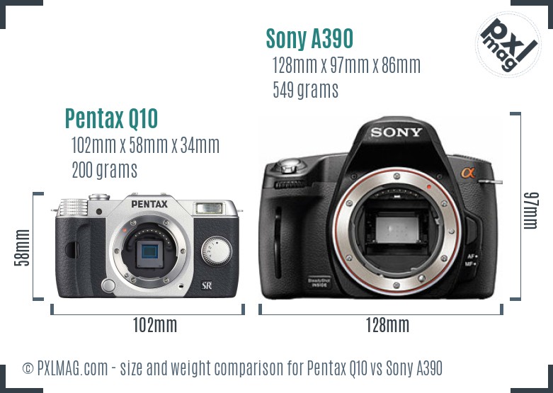 Pentax Q10 vs Sony A390 size comparison
