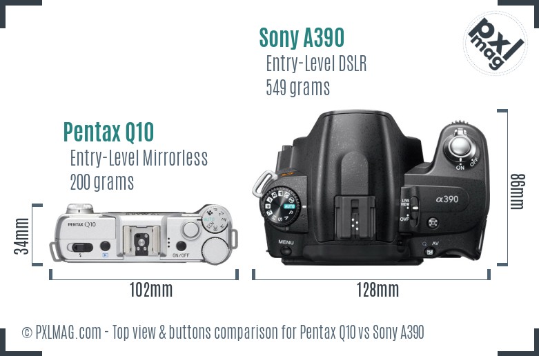 Pentax Q10 vs Sony A390 top view buttons comparison