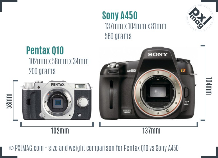 Pentax Q10 vs Sony A450 size comparison