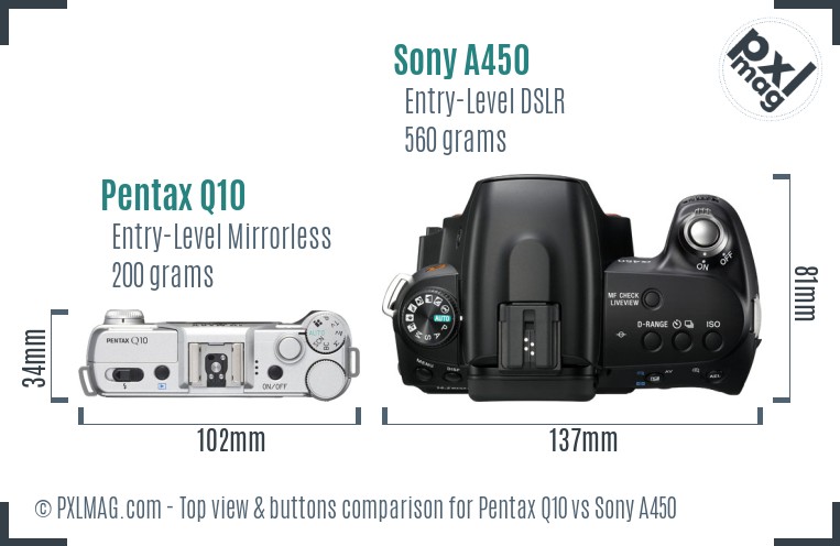 Pentax Q10 vs Sony A450 top view buttons comparison
