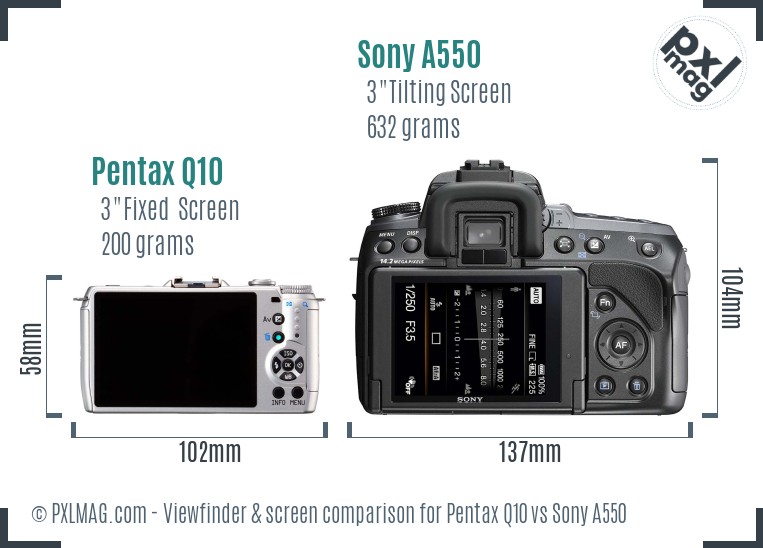 Pentax Q10 vs Sony A550 Screen and Viewfinder comparison