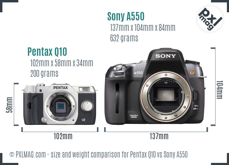 Pentax Q10 vs Sony A550 size comparison