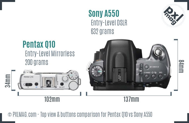 Pentax Q10 vs Sony A550 top view buttons comparison