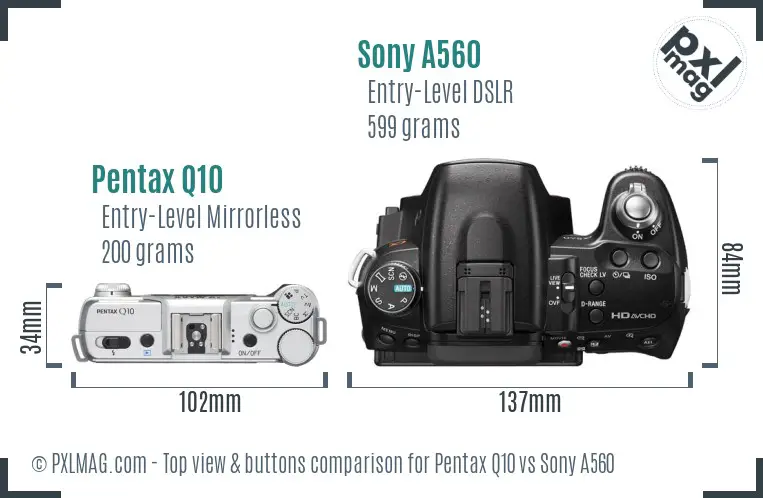 Pentax Q10 vs Sony A560 top view buttons comparison