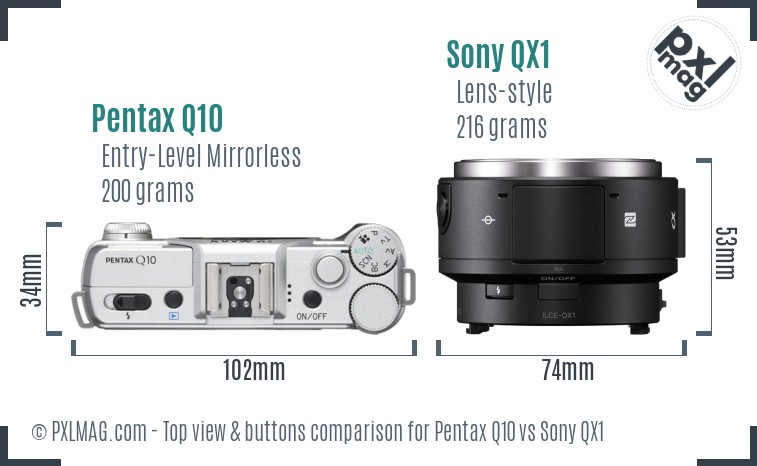 Pentax Q10 vs Sony QX1 top view buttons comparison