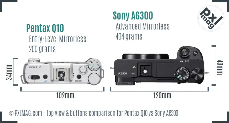 Pentax Q10 vs Sony A6300 top view buttons comparison Pentax Q10 vs Sony A6300 top view buttons comparison