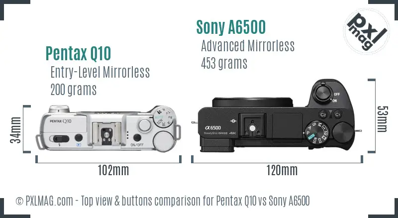 Pentax Q10 vs Sony A6500 top view buttons comparison Pentax Q10 vs Sony A6500 top view buttons comparison