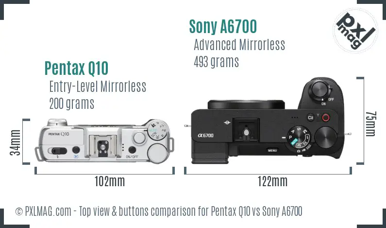 Pentax Q10 vs Sony A6700 top view buttons comparison Pentax Q10 vs Sony A6700 top view buttons comparison