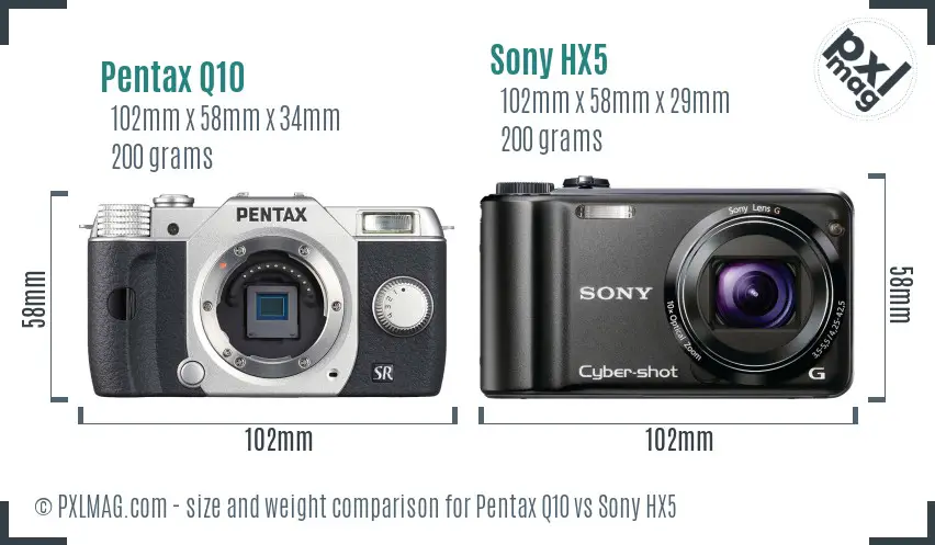 Pentax Q10 vs Sony HX5 size comparison