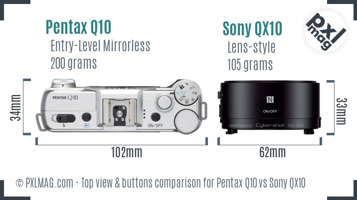 Pentax Q10 vs Sony QX10 top view buttons comparison