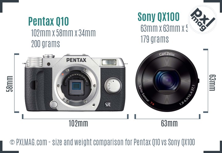 Pentax Q10 vs Sony QX100 size comparison