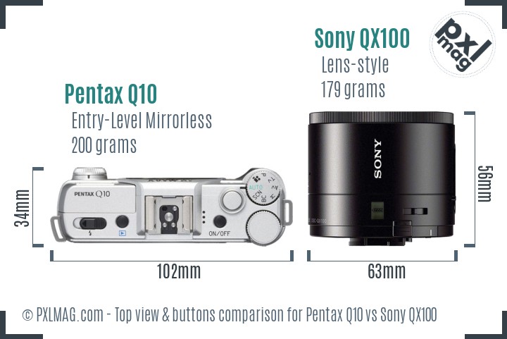 Pentax Q10 vs Sony QX100 top view buttons comparison