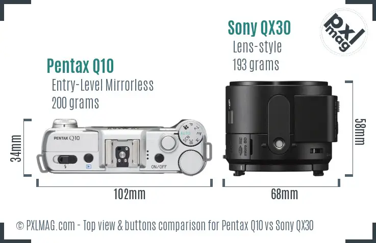 Pentax Q10 vs Sony QX30 top view buttons comparison Pentax Q10 vs Sony QX30 top view buttons comparison