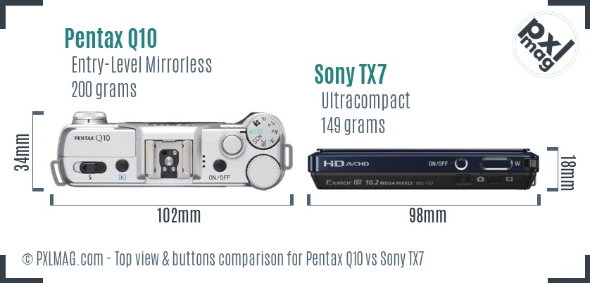 Pentax Q10 vs Sony TX7 top view buttons comparison