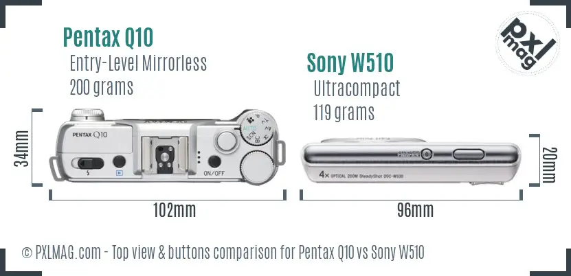 Pentax Q10 vs Sony W510 top view buttons comparison