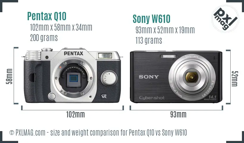 Pentax Q10 vs Sony W610 size comparison