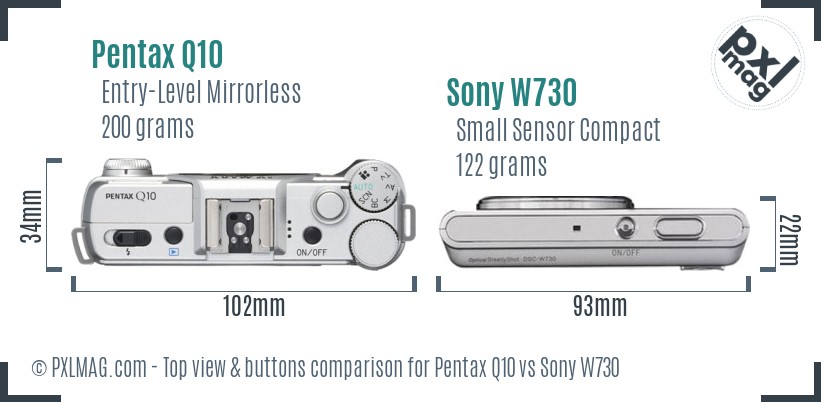 Pentax Q10 vs Sony W730 top view buttons comparison