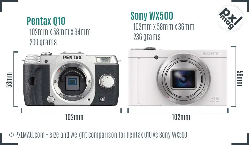 Pentax Q10 vs Sony WX500 size comparison