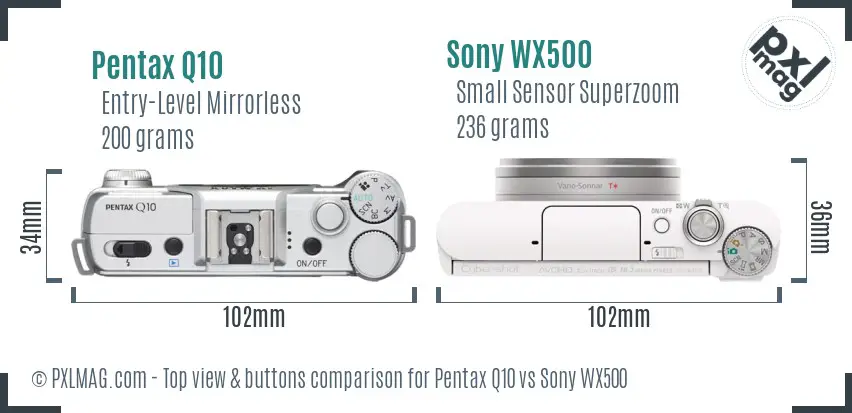 Pentax Q10 vs Sony WX500 top view buttons comparison