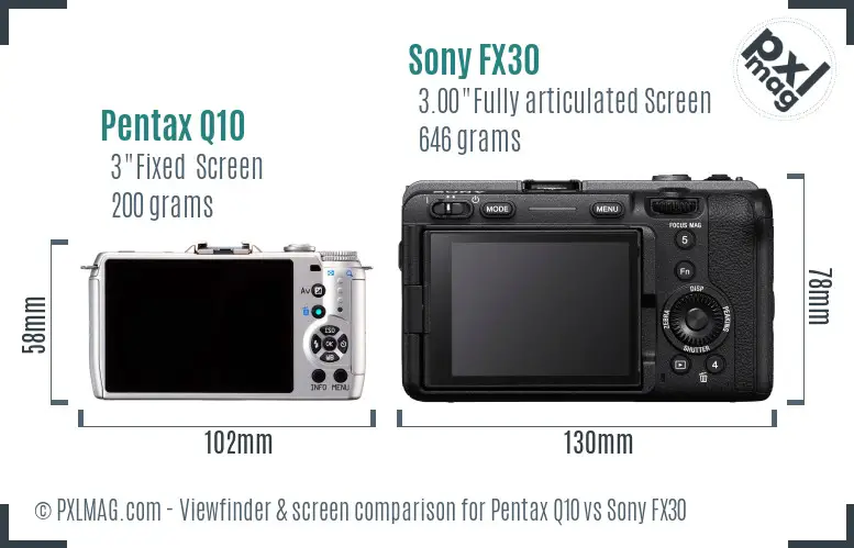 Pentax Q10 vs Sony FX30 Screen and Viewfinder comparison