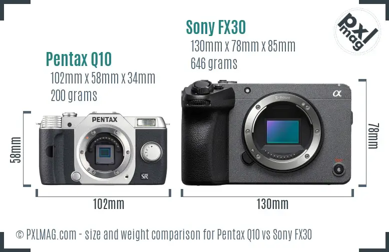 Pentax Q10 vs Sony FX30 size comparison