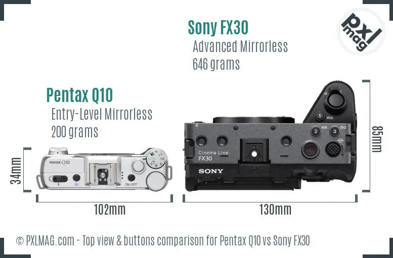Pentax Q10 vs Sony FX30 top view buttons comparison