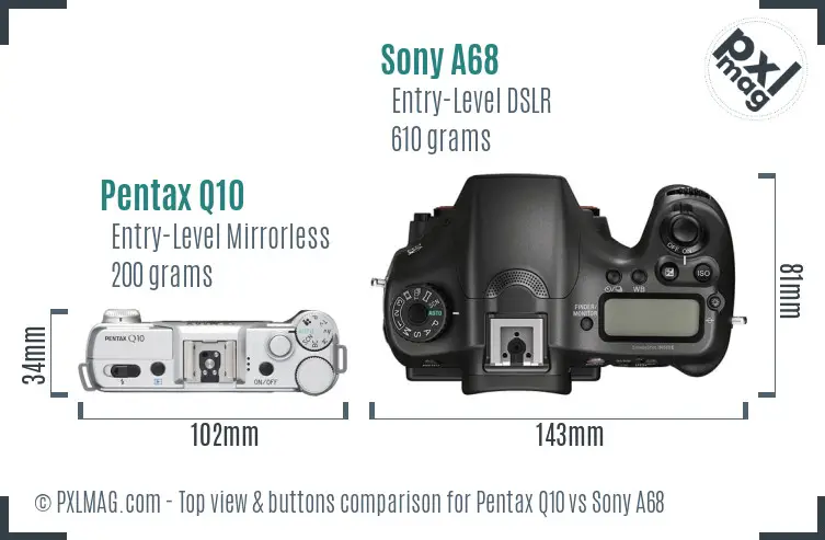 Pentax Q10 vs Sony A68 top view buttons comparison Pentax Q10 vs Sony A68 top view buttons comparison