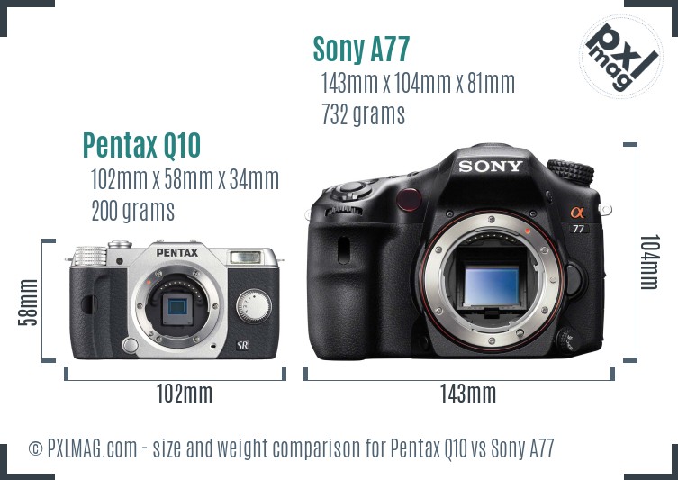 Pentax Q10 vs Sony A77 size comparison