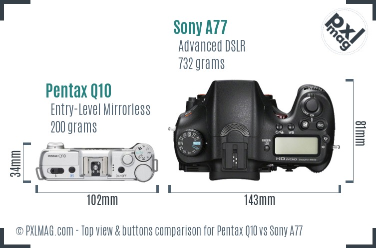 Pentax Q10 vs Sony A77 top view buttons comparison