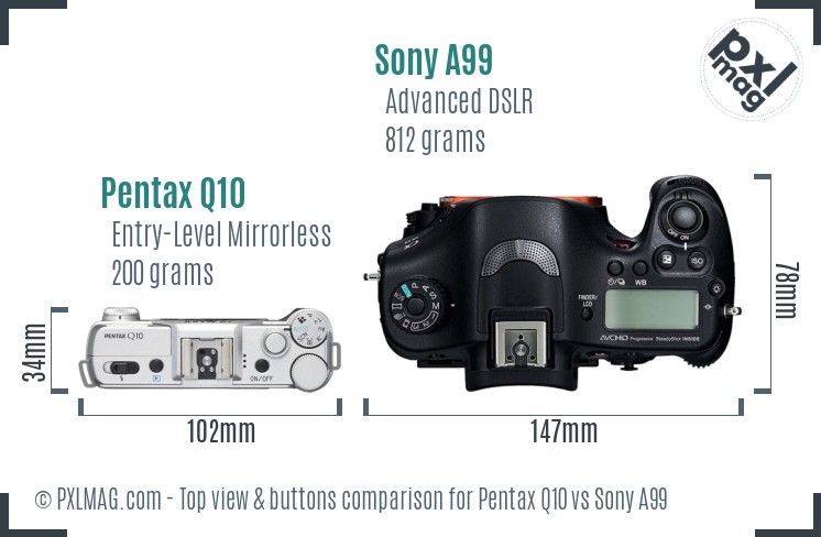Pentax Q10 vs Sony A99 top view buttons comparison