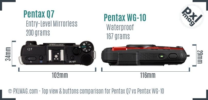 Pentax Q7 vs Pentax WG-10 top view buttons comparison