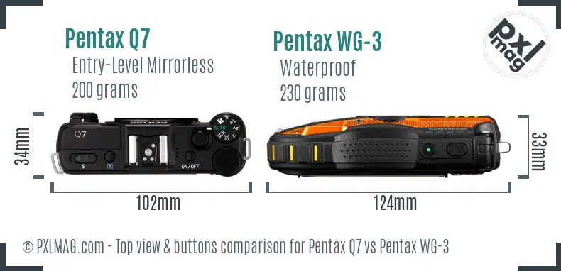 Pentax Q7 vs Pentax WG-3 top view buttons comparison