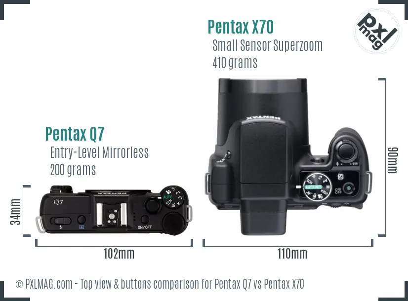 Pentax Q7 vs Pentax X70 top view buttons comparison