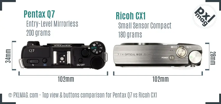 Pentax Q7 vs Ricoh CX1 top view buttons comparison