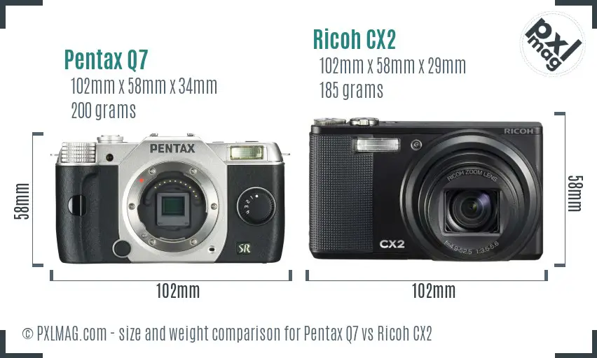 Pentax Q7 vs Ricoh CX2 size comparison