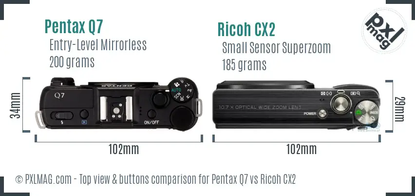 Pentax Q7 vs Ricoh CX2 top view buttons comparison