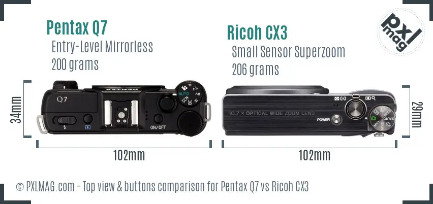 Pentax Q7 vs Ricoh CX3 top view buttons comparison