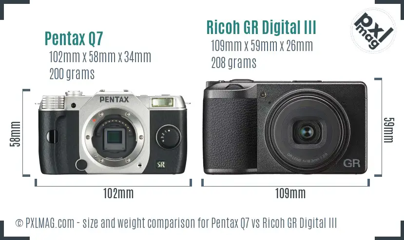 Pentax Q7 vs Ricoh GR Digital III size comparison