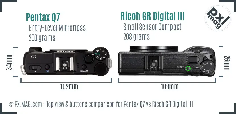 Pentax Q7 vs Ricoh GR Digital III top view buttons comparison