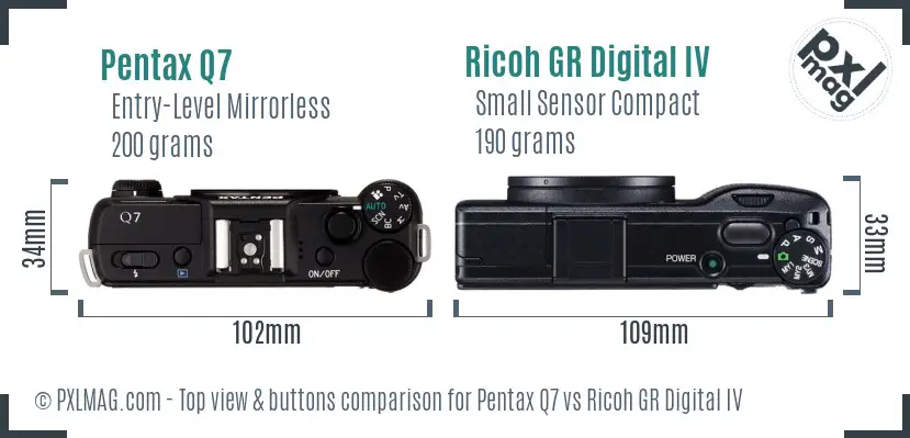 Pentax Q7 vs Ricoh GR Digital IV top view buttons comparison