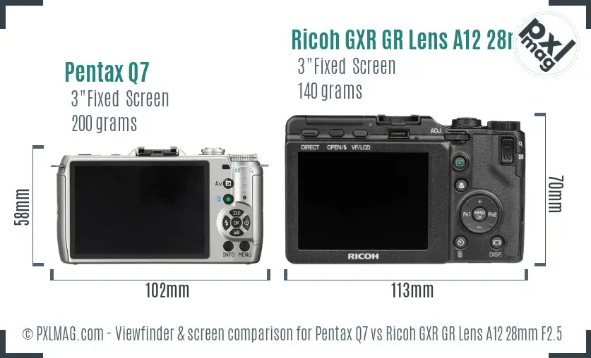 Pentax Q7 vs Ricoh GXR GR Lens A12 28mm F2.5 Screen and Viewfinder comparison