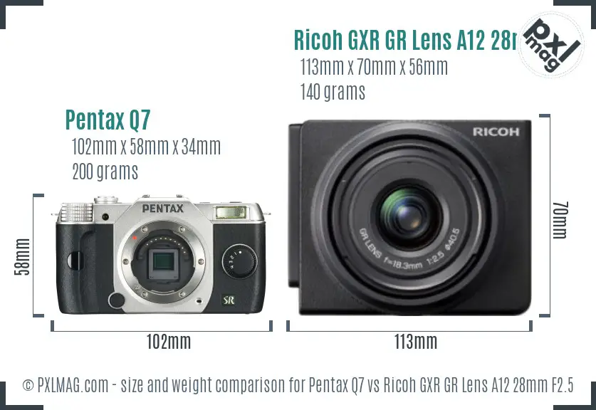 Pentax Q7 vs Ricoh GXR GR Lens A12 28mm F2.5 size comparison