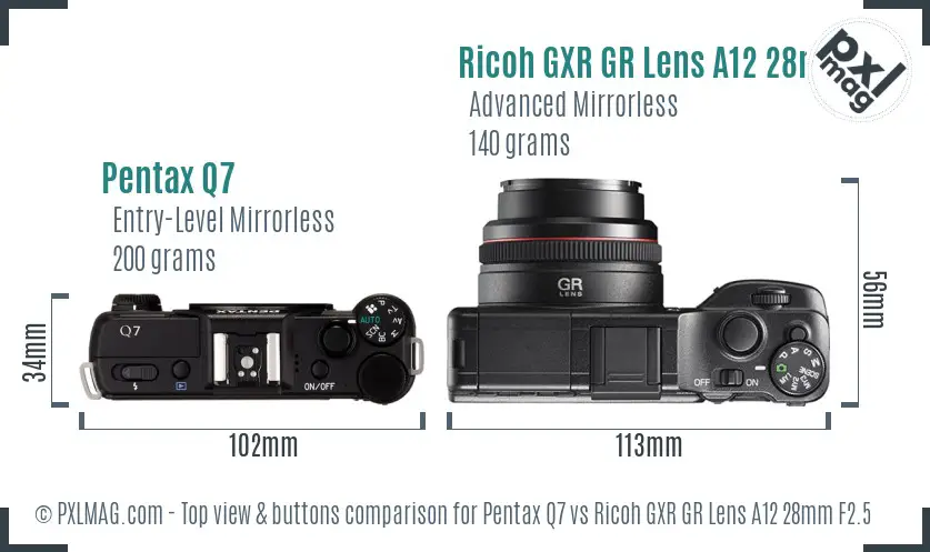 Pentax Q7 vs Ricoh GXR GR Lens A12 28mm F2.5 top view buttons comparison