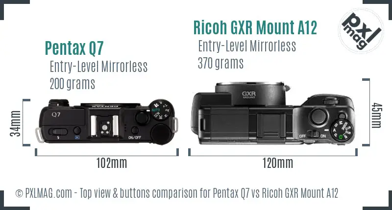 Pentax Q7 vs Ricoh GXR Mount A12 top view buttons comparison Pentax Q7 vs Ricoh GXR Mount A12 top view buttons comparison
